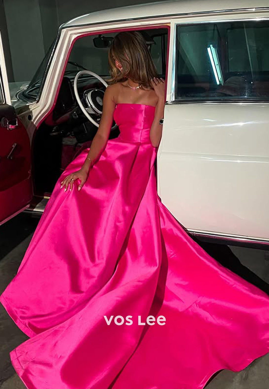 Classic Solid Fuchsia Strapless A-Line with Train Evening Dress Formal Party Gown - View 4 | VelvetHem