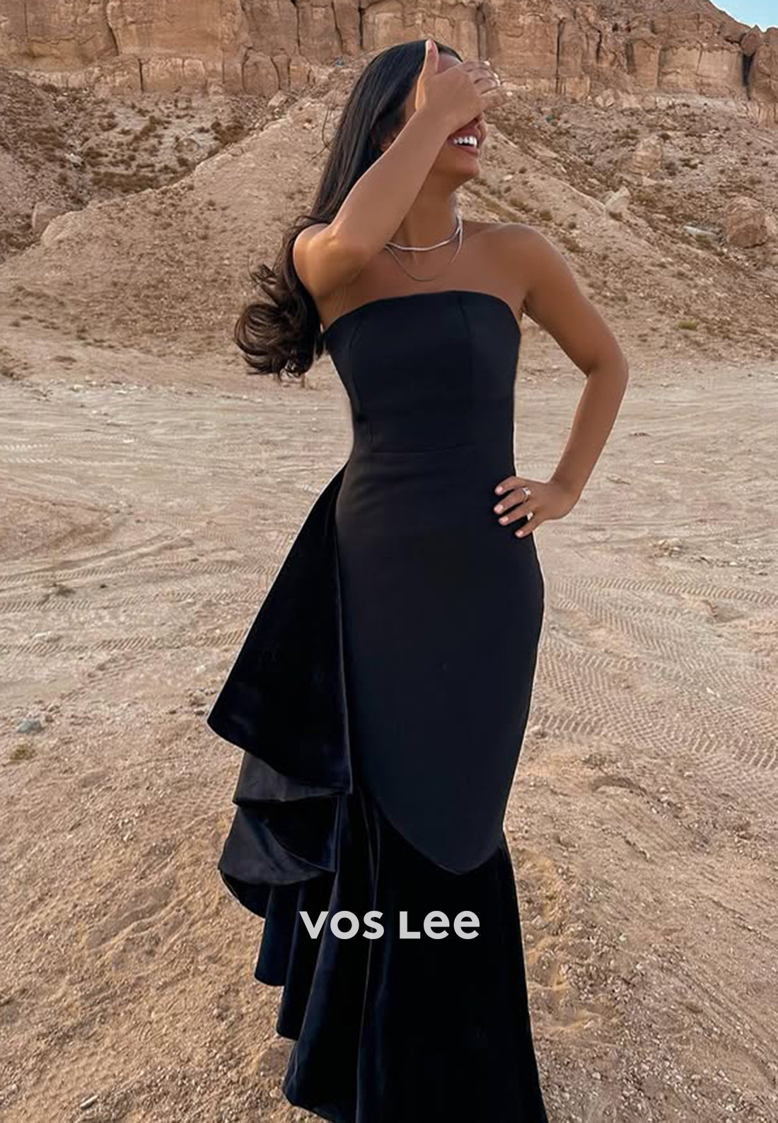 Elegant Black Fitted Ruffles Sheath Strapless Evening Dress Formal Party Gown - View 4 | VelvetHem