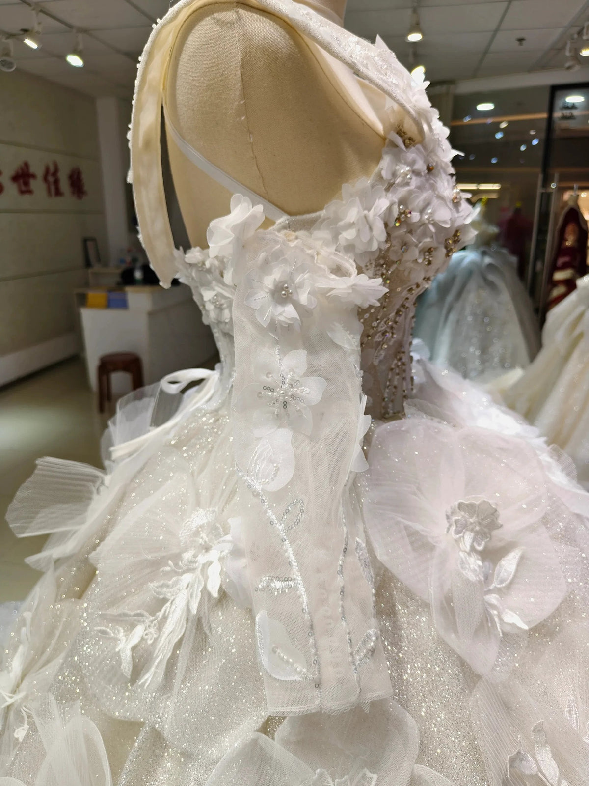 Ivory Petal Whisper Ballgown Organza Floral Bust & Bloom Train (ZD16777)
