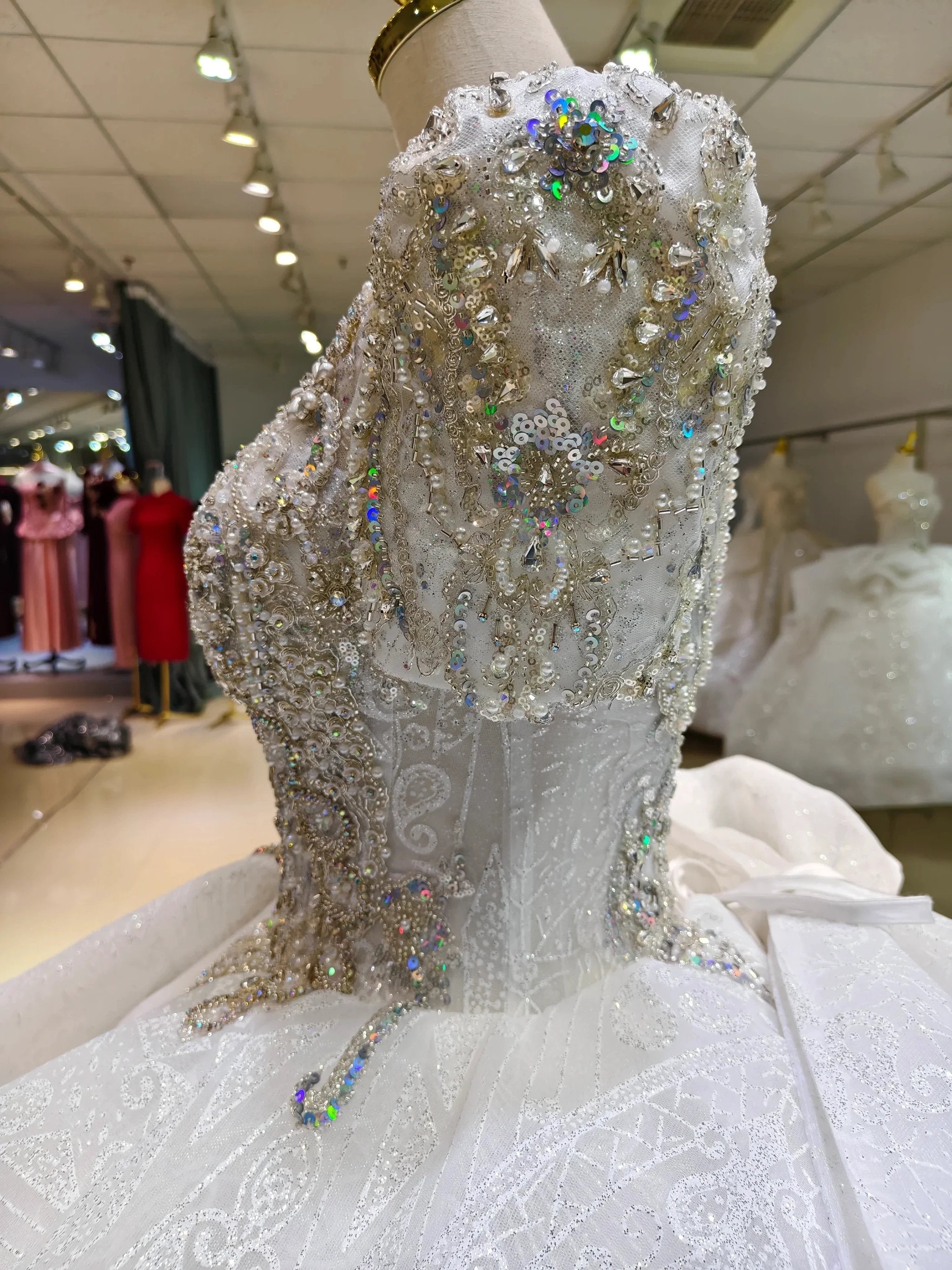 Silver Sparkle Cap-Sleeve Ballgown Beaded Bust & Bow Train (ZD16780)