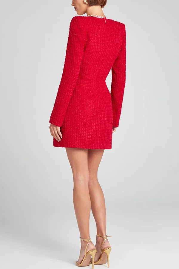 Lexi Timeless Girly and Mini Dress in Tweed Fabric with Beaded Trim, Long Slit Sleeves and Pockets Boutique Collection