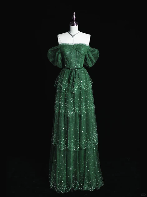 Sparkly Green Layers Tulle Prom Dress, Off The Shoulder A Line Long Party Dress - VelvetHem