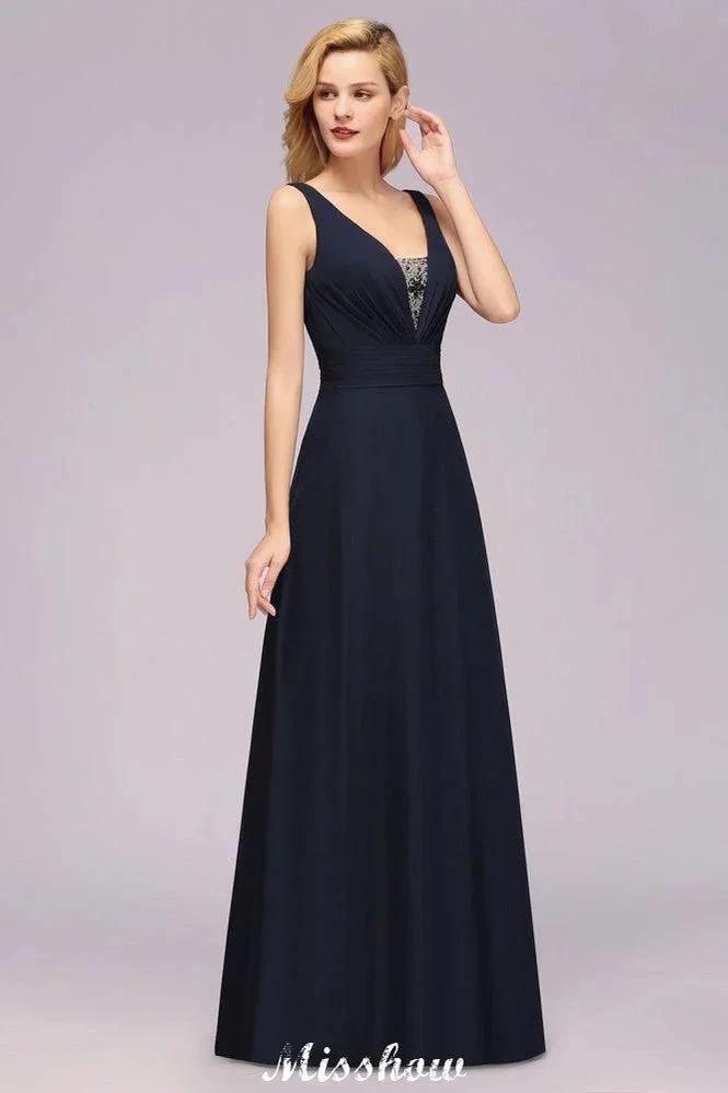 Deep V-Neck Beading A-line Bridesmaid Dress Floor Length Maid of Honor Dress (ZD12937)