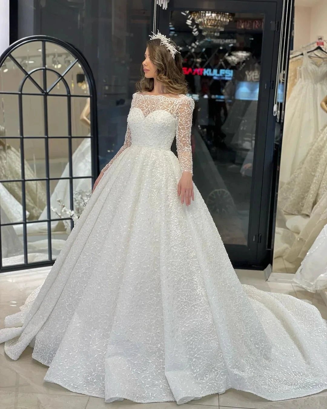 Deluxe Floor Length Long Sleeves A-Line Lace Wedding Dress with Ruffles (ZD14803)