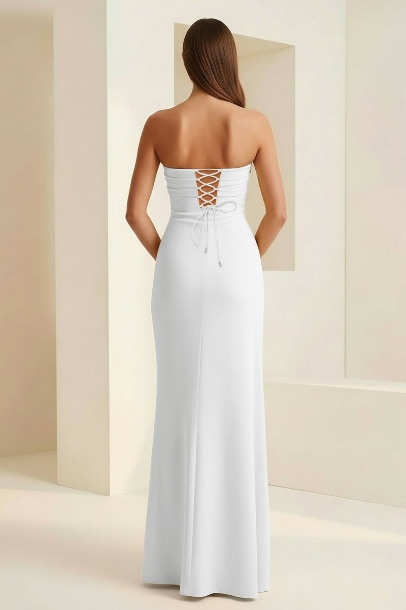 White Mermaid Strapless Satin Pleated Long Prom Dress with Slit