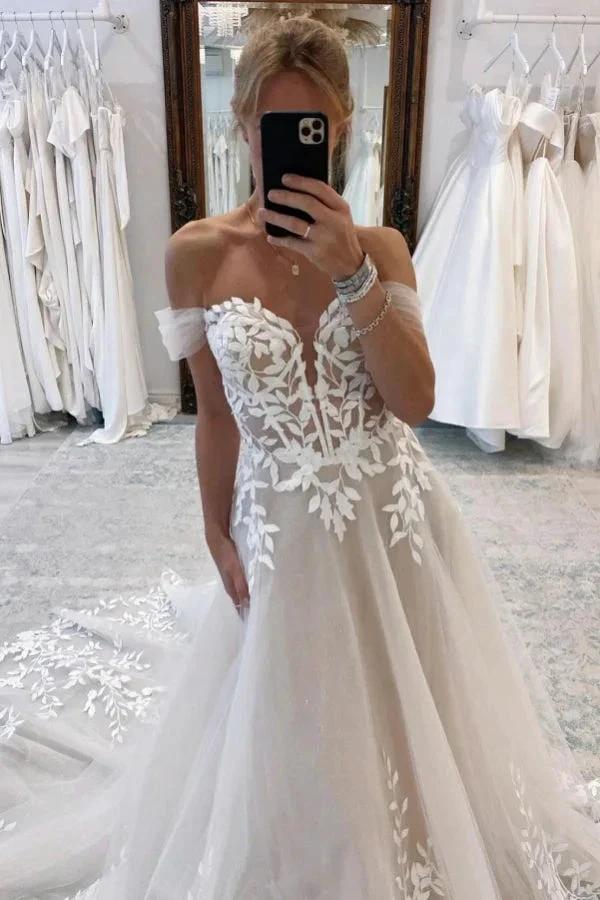 Elegant Long A-line Off-the-shoulder V-neck Appliques Wedding Dress (ZD15501)