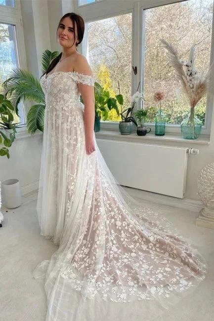 Designer A-line Off-the-shoulder Sleeveless Wedding Dresses With Lace (ZD14922) - VelvetHem