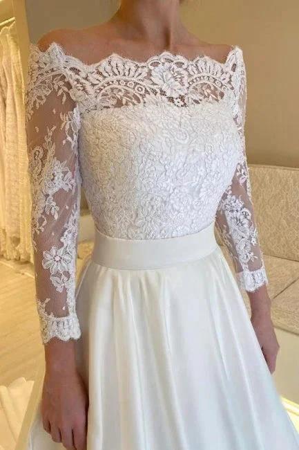 Designer A-Line Satin Lace Long Sleeve White Wedding Dress With Appliques (ZD16635)