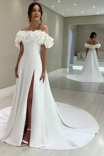 Designer A-Line Satin Off-The-Shoulder Sleeveless White Wedding Dresses With Split (ZD16653)