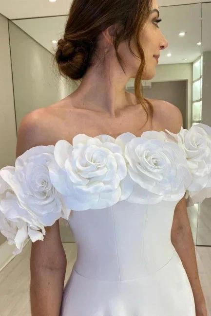 Designer A-Line Satin Off-The-Shoulder Sleeveless White Wedding Dresses With Split (ZD16653)