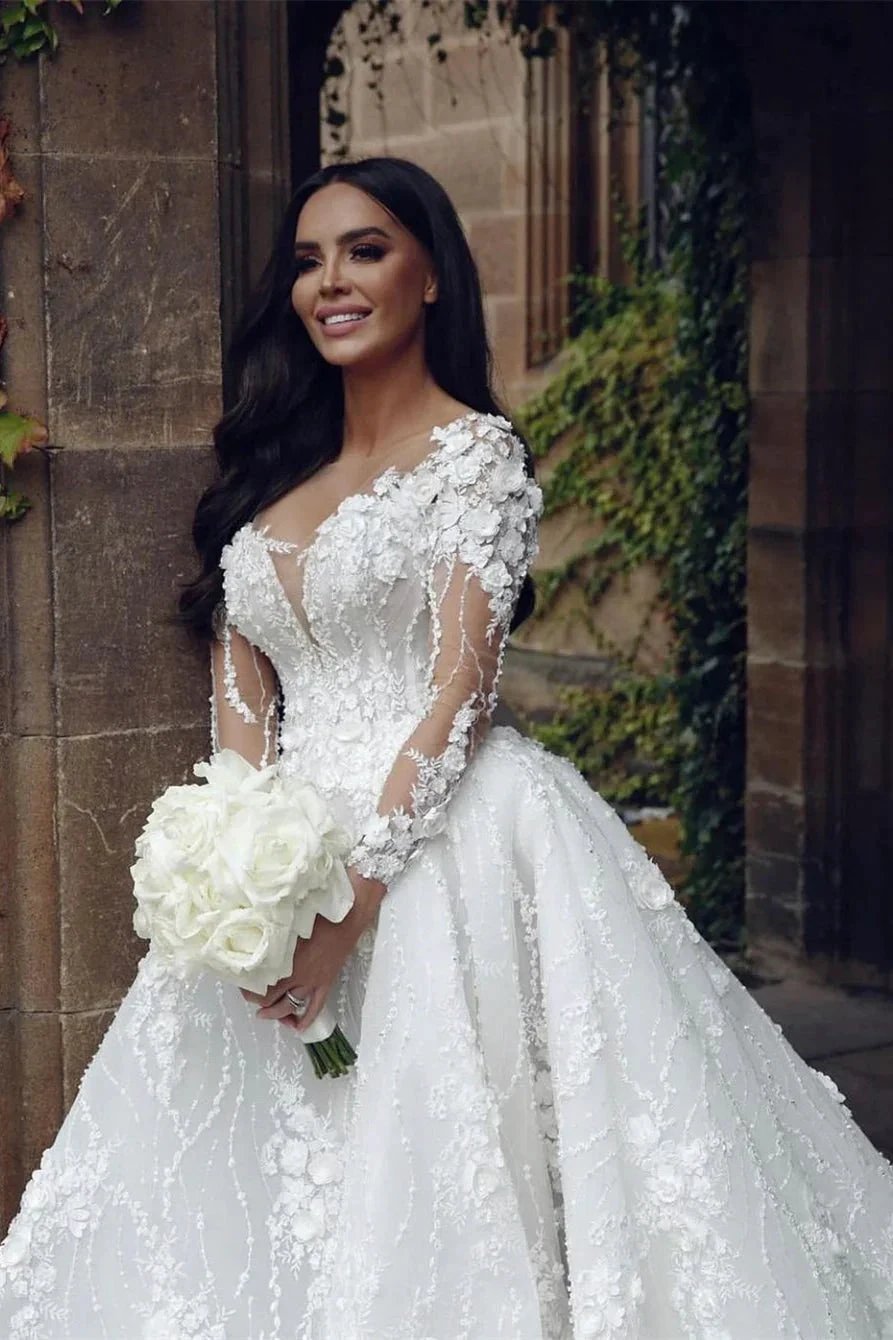 Designer A-line White Long Sleeves Lace Appliques Wedding Dress With Train (ZD14519)