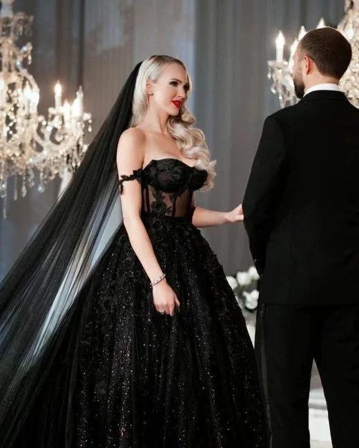 Designer Black A-Line Off-the-shoulder Glitter Wedding Dresses With Lace (ZD16565)