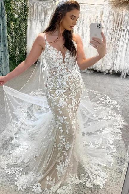Designer Column Lace Spaghetti Straps Sleeveless Ivory Wedding Dresses With Appliques Train (ZD15505) - VelvetHem