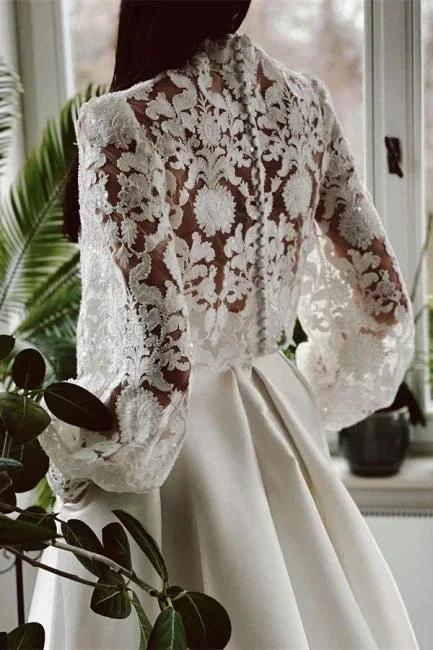 Designer Long A-line High Neck Lace Wedding Dresses With Long Sleeves (ZD16509)
