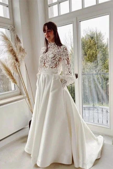 Designer Long A-line High Neck Lace Wedding Dresses With Long Sleeves (ZD16509) - VelvetHem