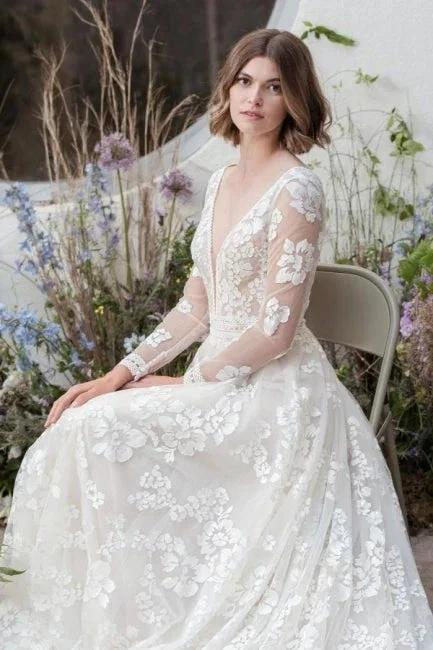 Designer Long A-Line V-neck Lace Wedding Dresses With Long Sleeves (ZD14905)