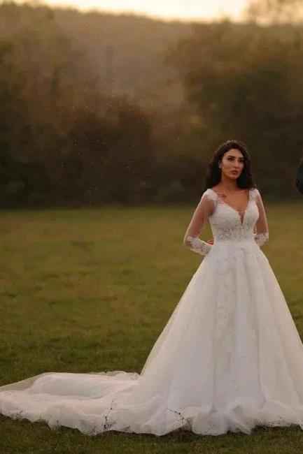 Designer Long A-line V-neck White Lace Wedding Dresses with Long Sleeves (ZD15610) - VelvetHem