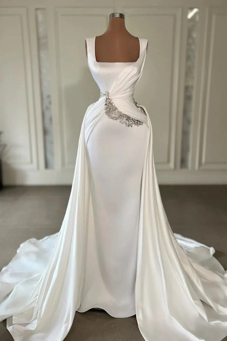 Designer Long Ivory A-line Straps Jewels Sleeveless Wedding Dress With Train (ZD15684) - VelvetHem