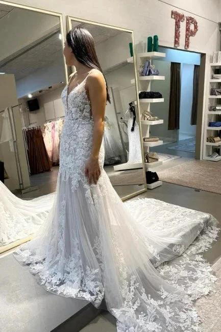 Designer Long Mermaid Appliques Sleeveless Wedding Dresses With Lace (ZD14527) - VelvetHem