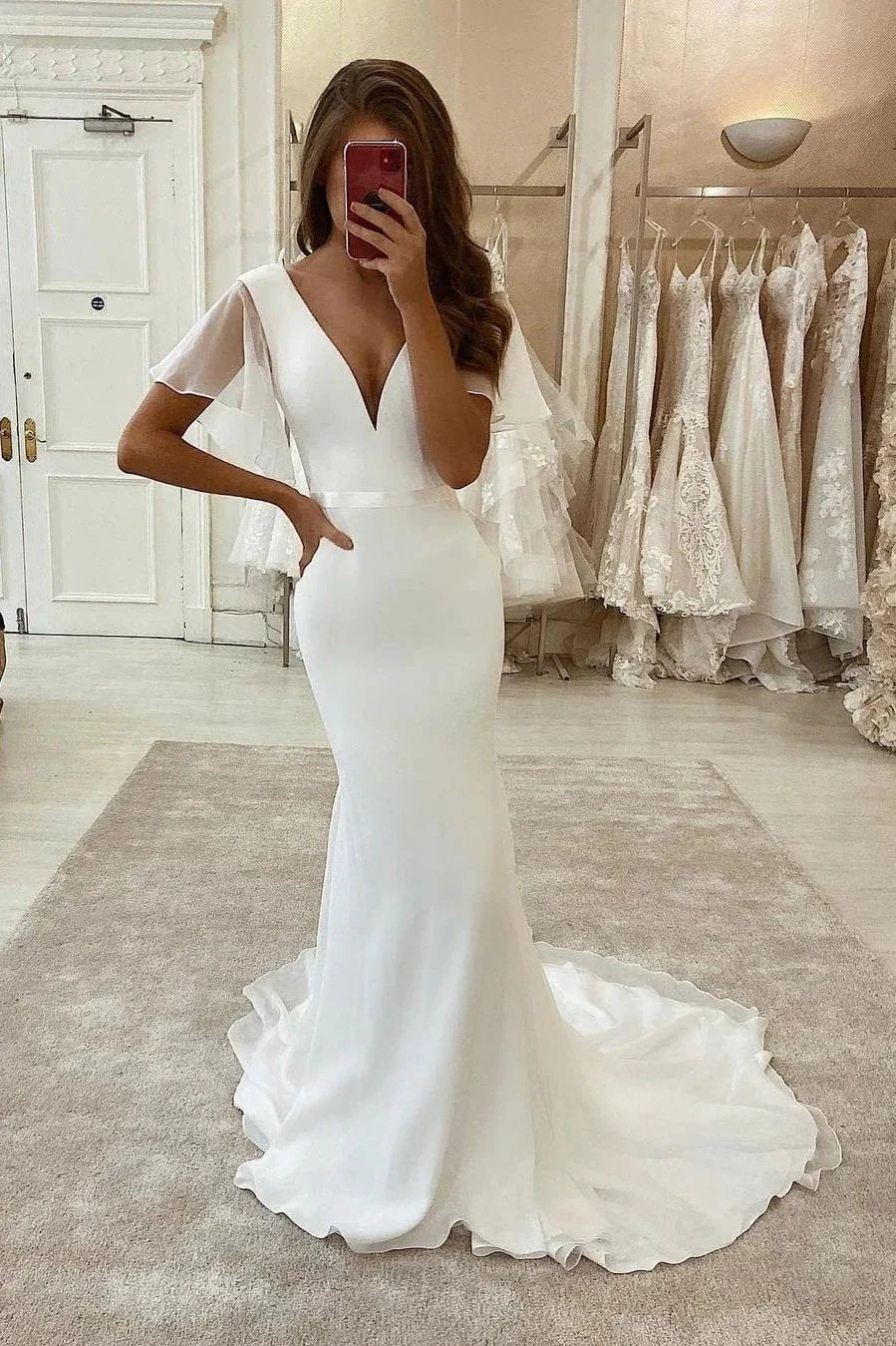 Designer Long Mermaid White Satin Tulle Short Sleeves Wedding Dress With Train (ZD16452)