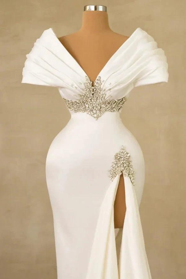 Designer Long White Mermaid Off-the-shoulder Jewels Wedding Dress with Slit (ZD15518)