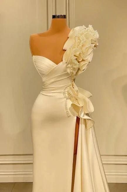 Designer Long White One Shoulder Ruffles Split Wedding Dress With Glitter (ZD16522)