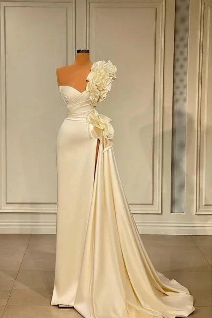 Designer Long White One Shoulder Ruffles Split Wedding Dress With Glitter (ZD16522)