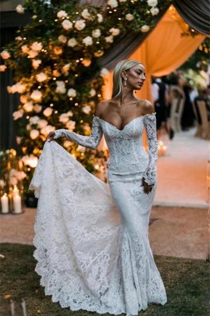 Designer Off-the-shoulder Long Sleeves Mermaid Wedding Dresses With Lace (ZD14634) - VelvetHem