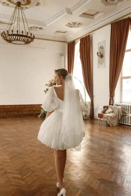 Designer Short White Off-the-shoulder Tulle Glitter Wedding Dress with Sleeves (ZD16671)