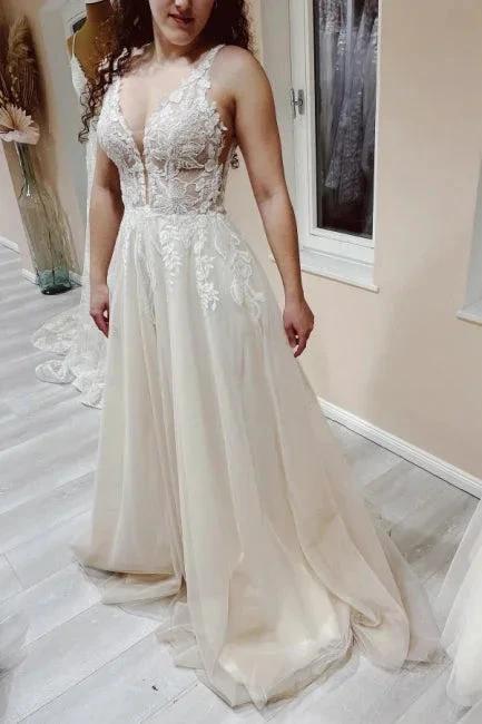Designer Simple A-line V-neck Wedding Dresses With Lace (ZD14969)