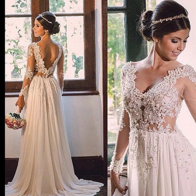 Designer Sweep Train Chiffon V-Neck Lace Backless Wedding Dress (ZD13883)