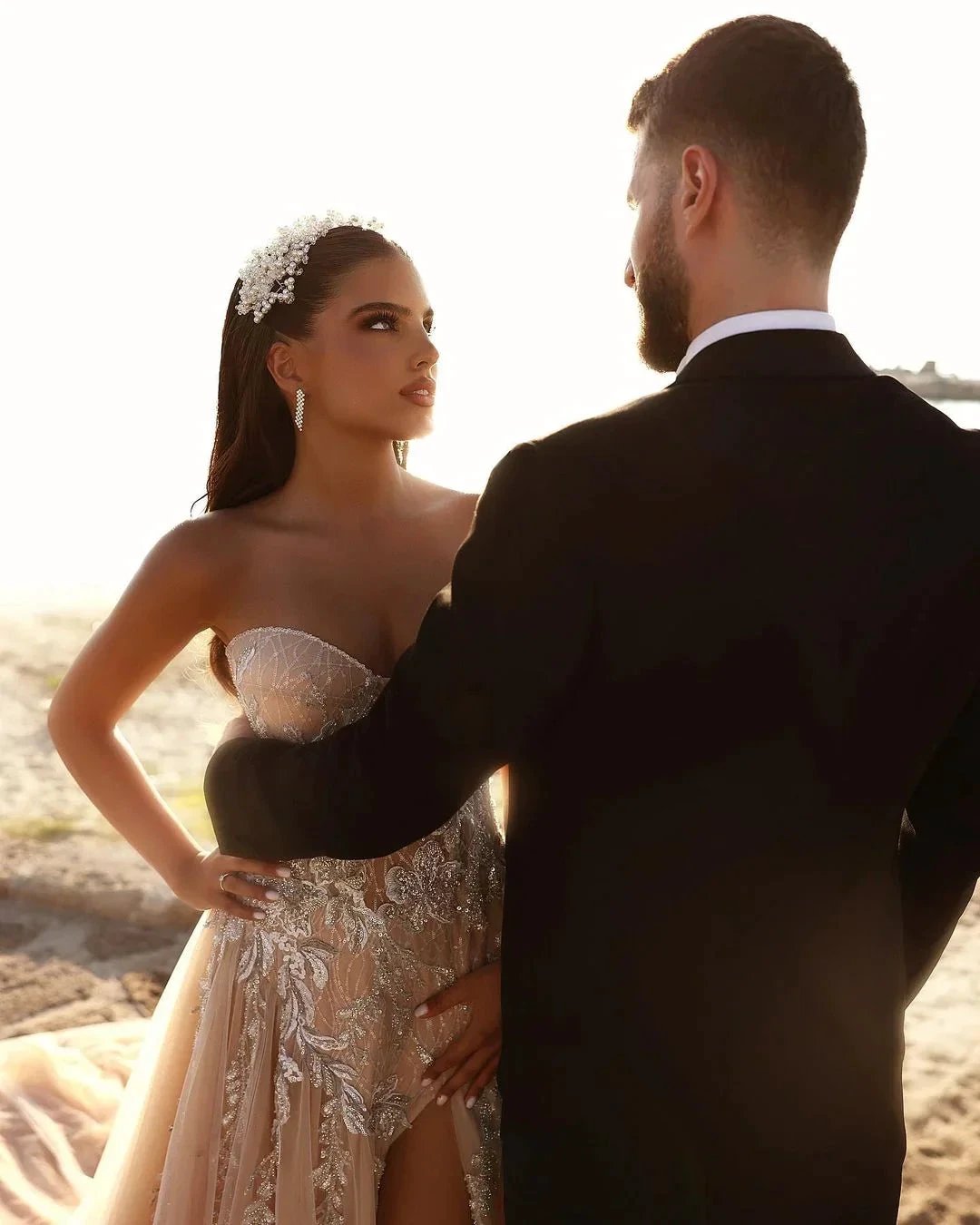 Designer Sweetheart Long A-line Glitter Lace Wedding Dress With Slit (ZD16499)