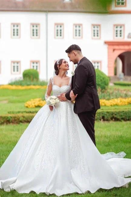 Designer Sweetheart Long White Satin Lace Wedding Dresses With Long Sleeves (ZD14959)