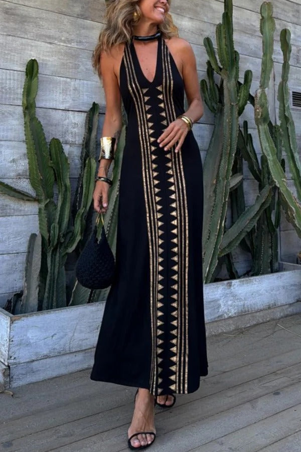 Irina Timeless Meret Gold Geometric Print Backless Halter Neck Stretch Maxi Dress Boutique Collection