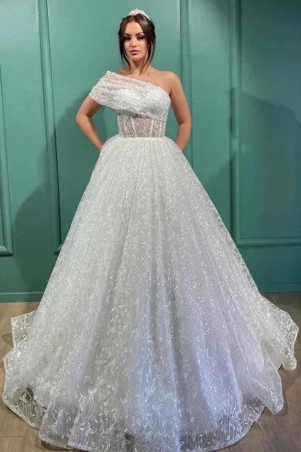 Dignified Transparent Lace One Shoulder Long Ball Gown Wedding Dresses (ZD14685) - VelvetHem