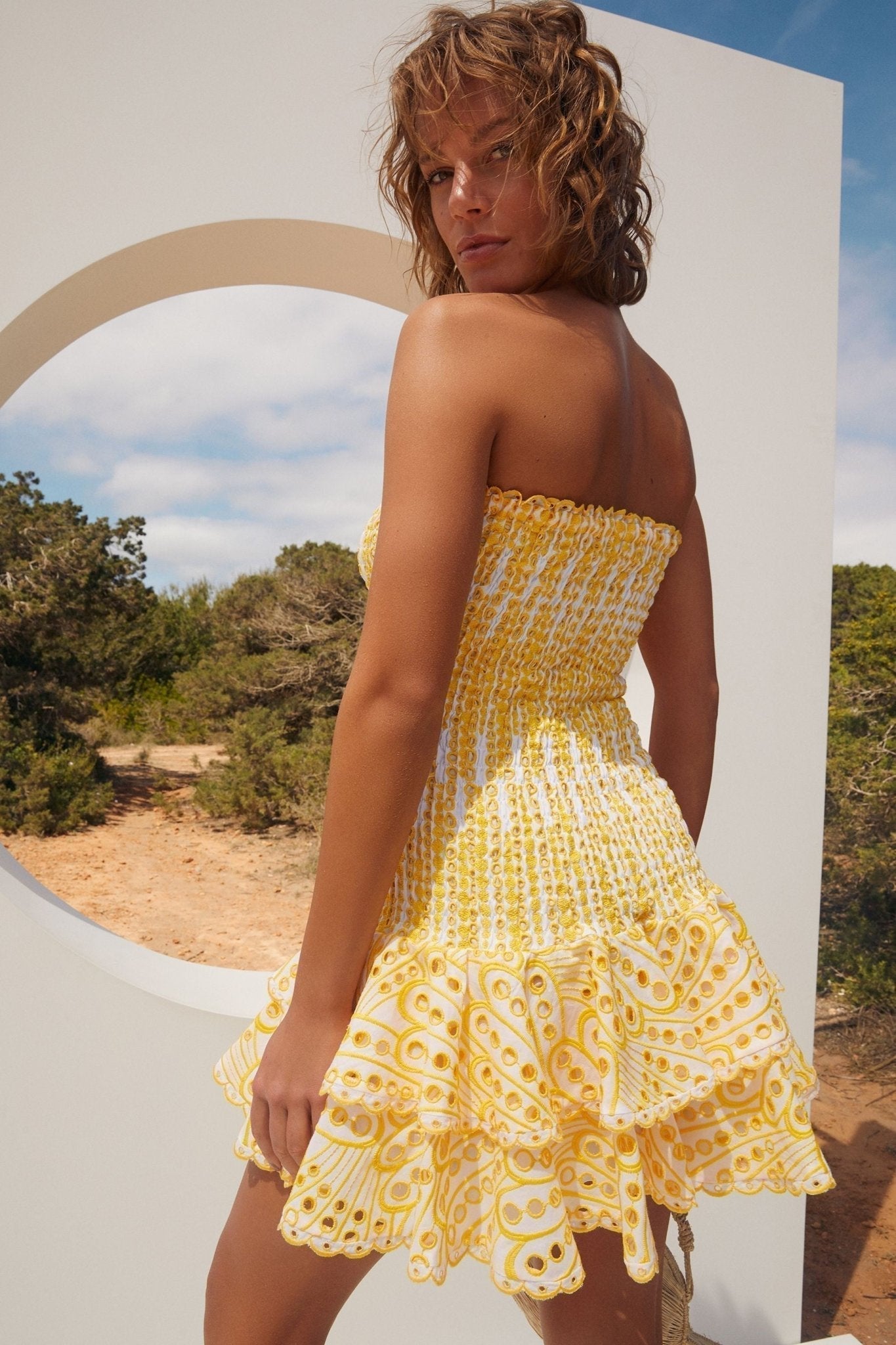 Ornella Statement Strapless, Figure Hugging Mini Dress with Embroidered Lace Elevated Occasion Wear