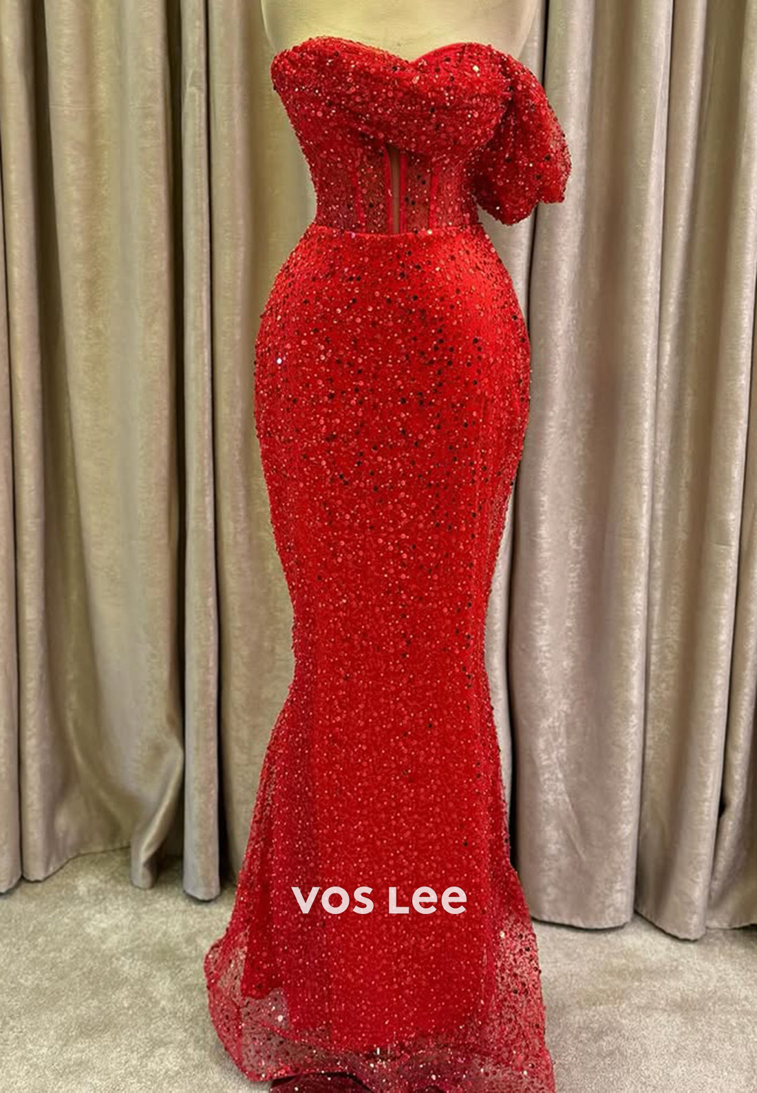 Sparkle Red Sequined Mermaid Strapless Evening Dress Formal Party Guest Gown - VelvetHem