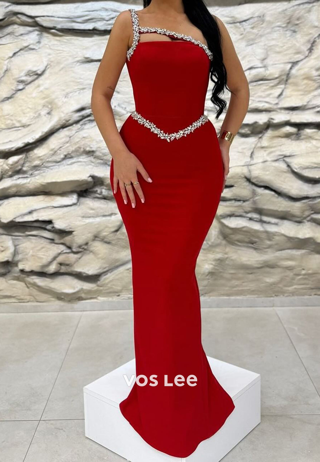 Sexy Red Asymmetrical Beaded Mermaid Evening Dress Floor-Length Formal Party Gown - VelvetHem