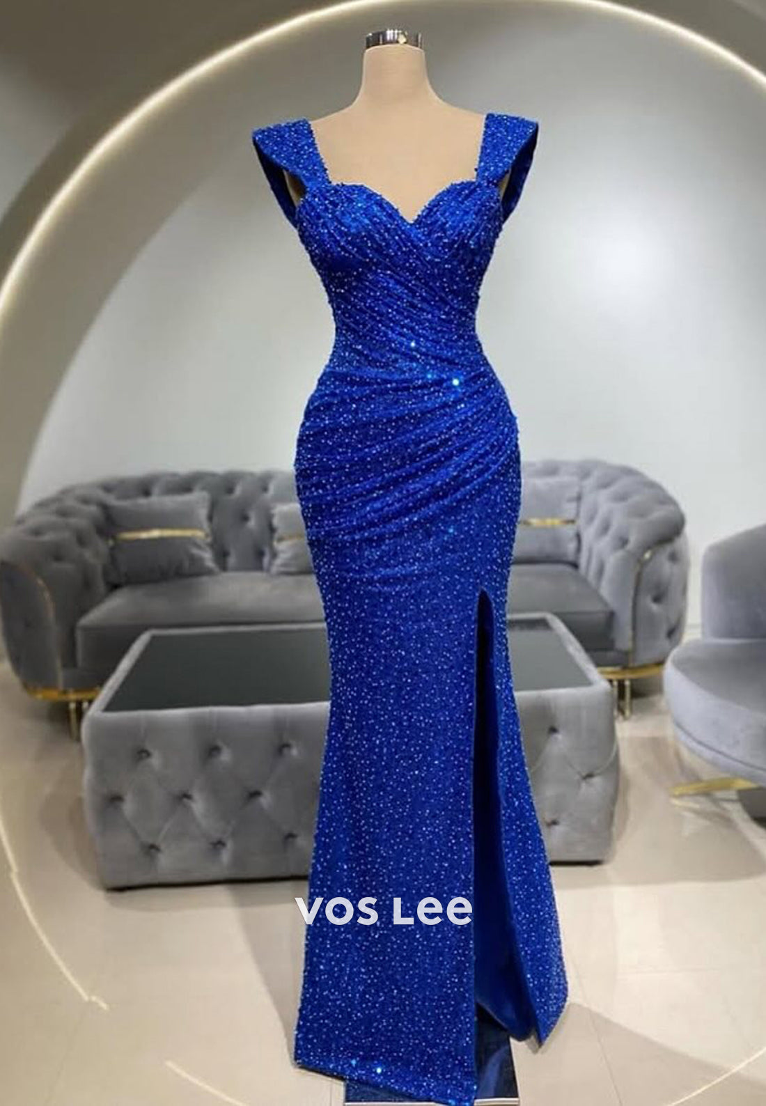 Empire Short Sleeves Blue Trumpet with Slit Evening Dress Formal Party Guest Gown - VelvetHem