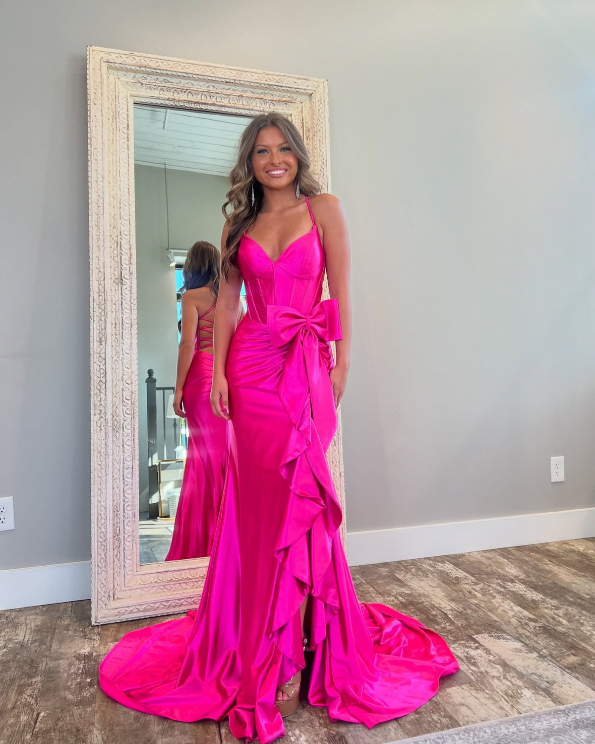 Spaghetti Straps V-Neck Ruffles with Train Evening Dress Formal Party Prom Gown - VelvetHem