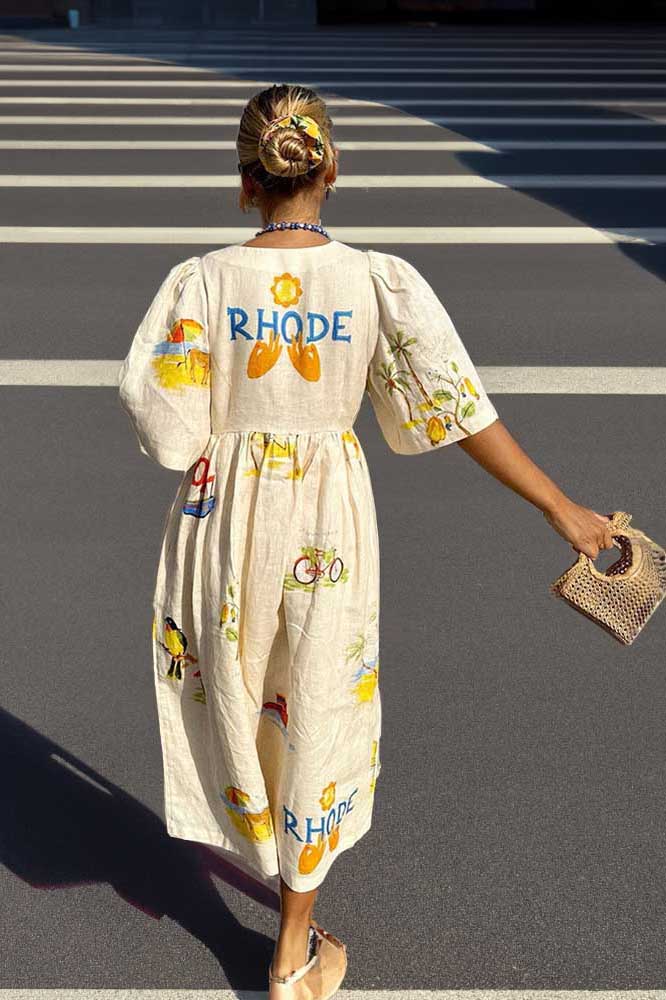 Yolaina Chic Printed Linen Midi Dress Silhouette Collection
