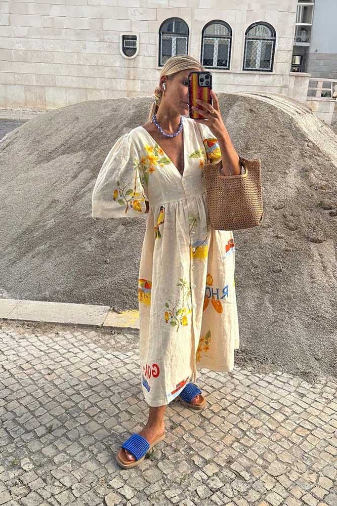 Noelia Premium Printed Linen Midi Dress Elevated Occasion Wear