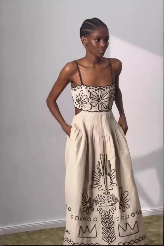 Contemporary Embroidered Spaghetti Strap Dress for Modern Fashion Wear
