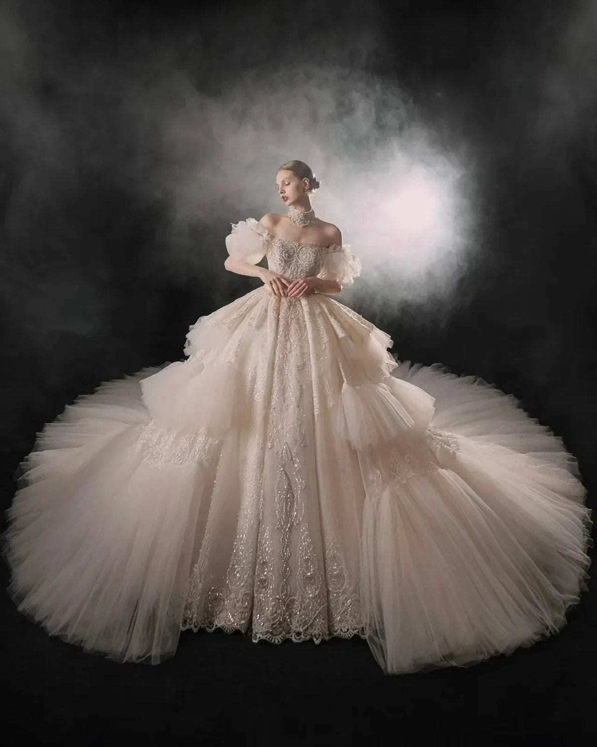 Opulent Off-the-Shoulder Ball Gown Tulle Puff Sleeve Beaded Lace Wedding Dress with Layered Ruffled Train & Choker (ZD16899)