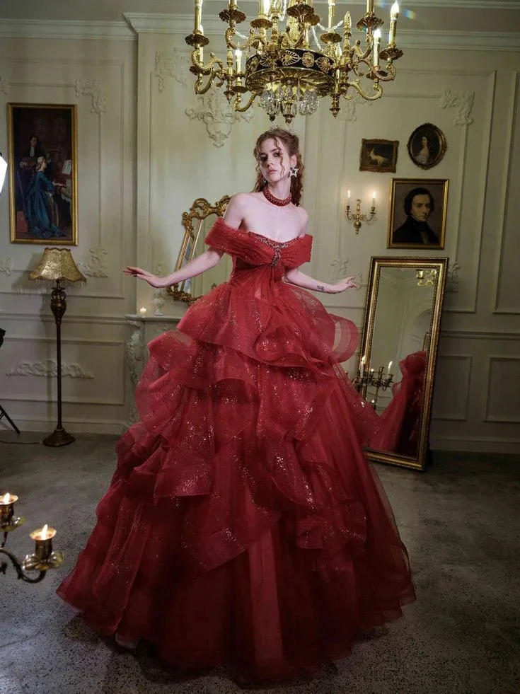 Fairy Off-Shoulder A-Line Red Evening Dress, Sparkling Dress Ball Gown Wedding Dress (ZD13724)