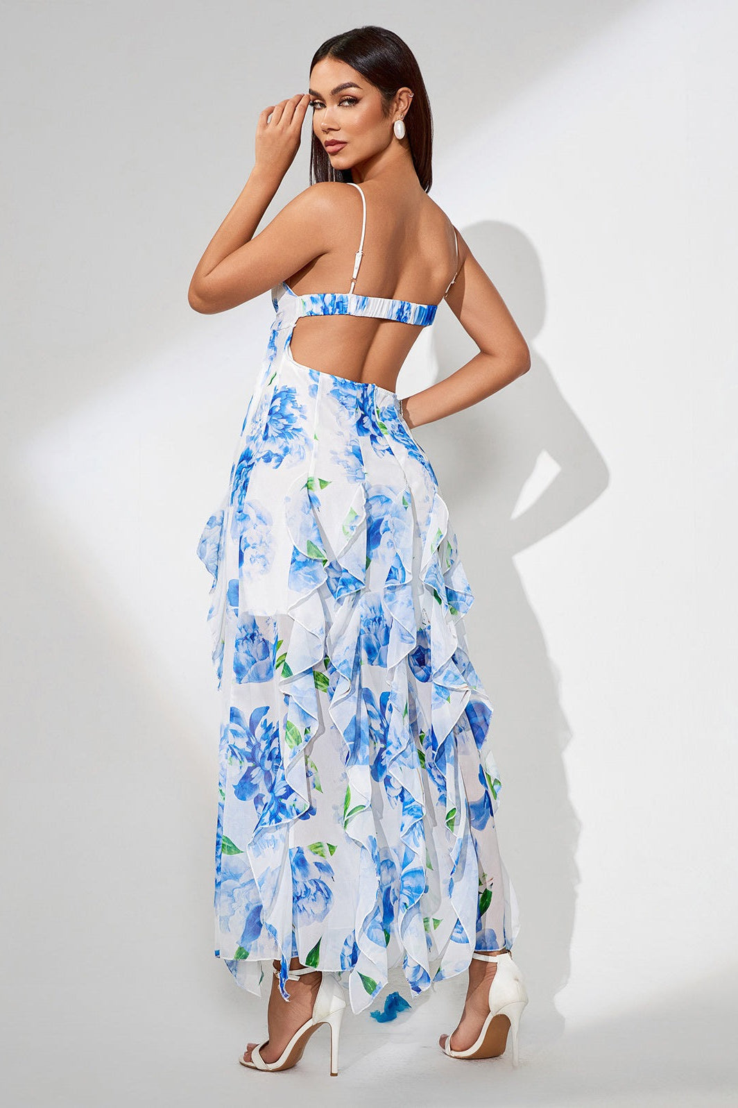 Contemporary Slit Ruffled Floral Dress for Modern Fashion Wear