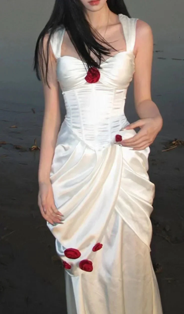 Elegant White Satin Flowers Evening Dress Long Prom Dress Wedding Dress (ZD13721)