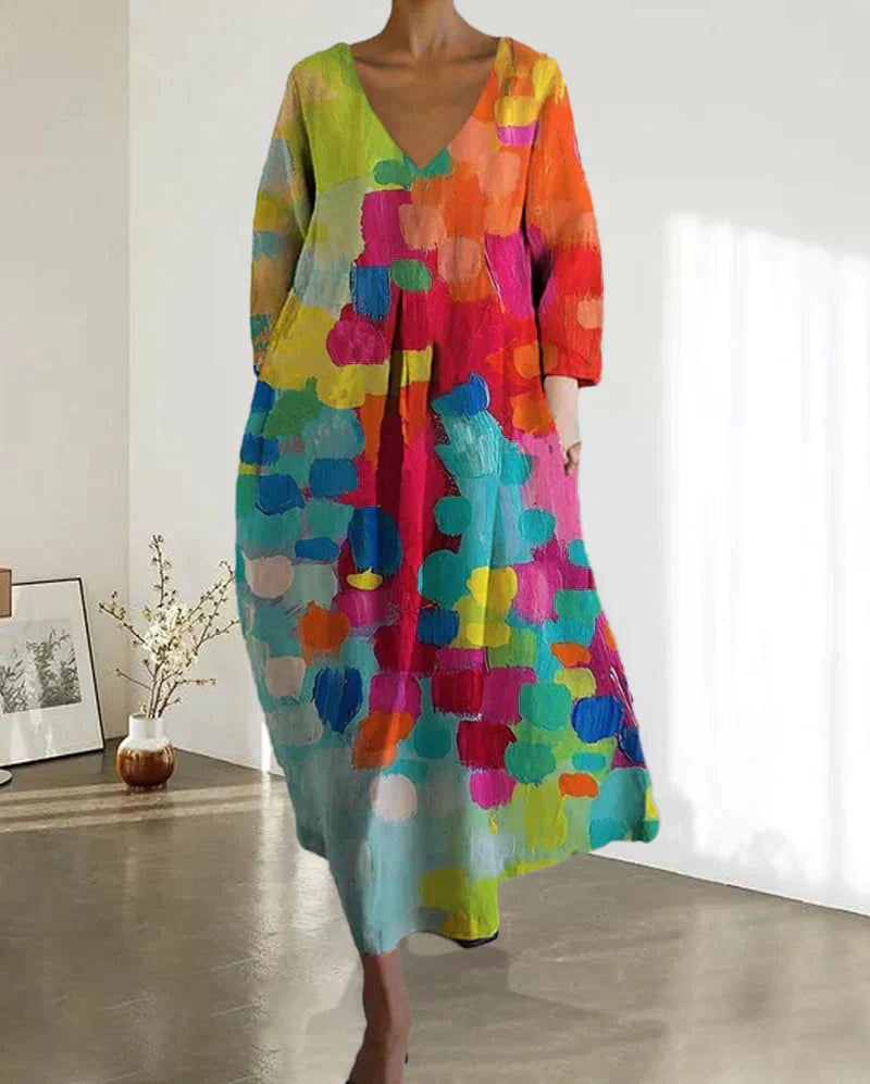 Luciana Exclusive Colorful Printed V Neck Dress Chic Silhouette Collection
