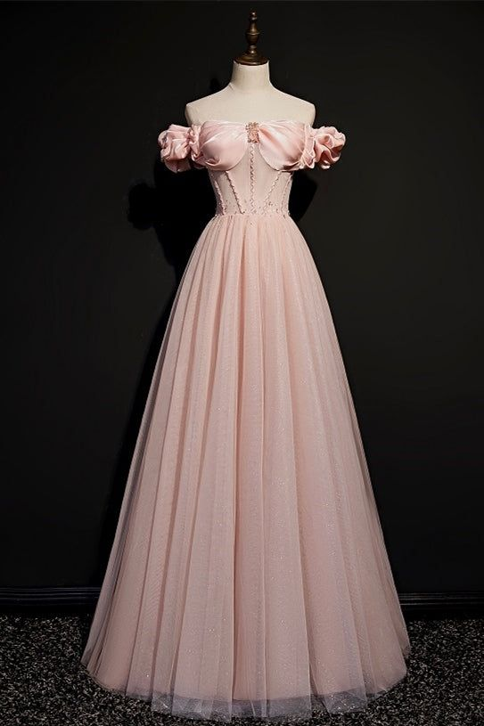 Lovely Pink Off The Shoulder Tulle Beading Prom Dress A Line Party Evening Dress - VelvetHem