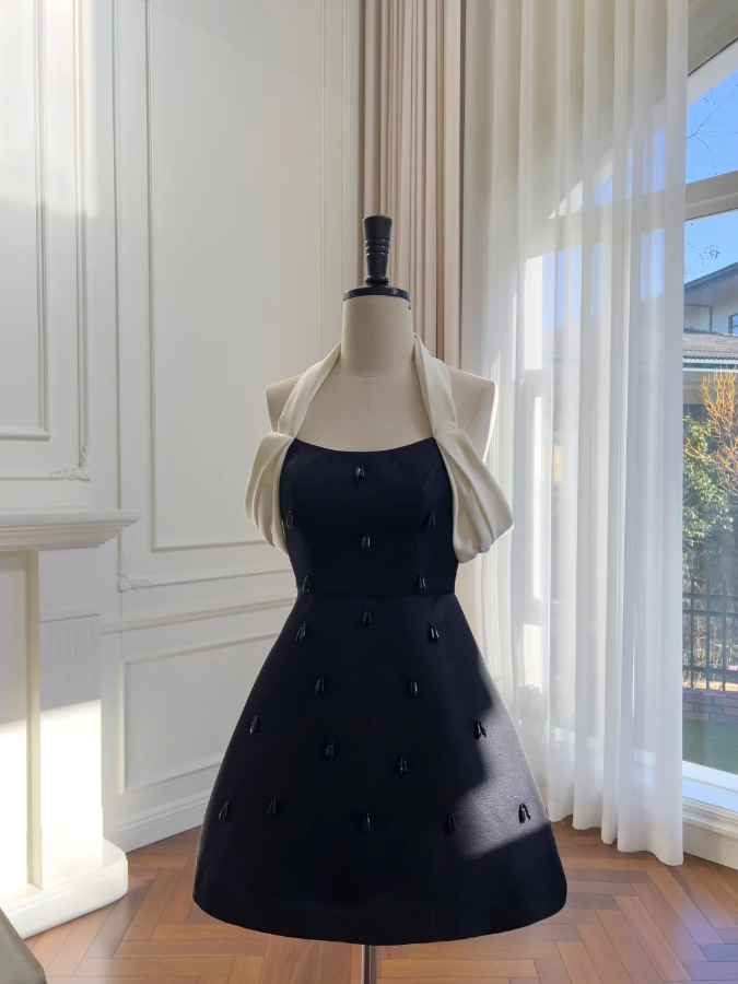 Elegant Black Halter Satin Beaded A Line Homecoming Dress Short Party Dress Y8575 - VelvetHem